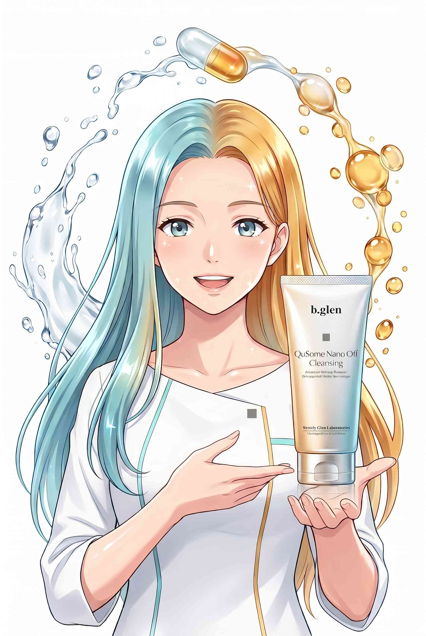 Mizuki, the NanoOff Cleansing character, holding the product