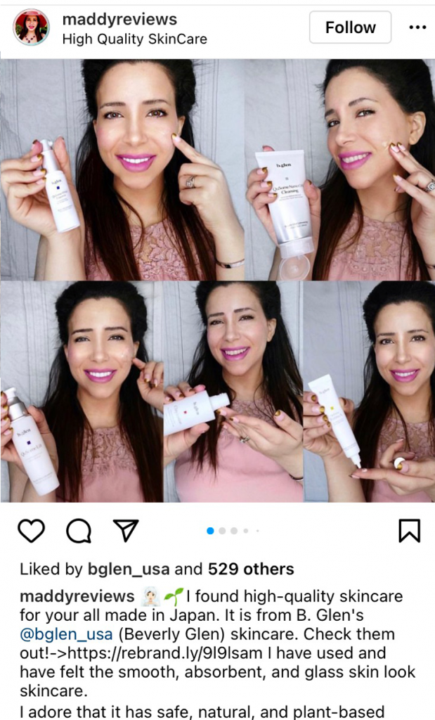 Instagram post by maddyreviews describing the smooth, absorbent, glass skin look