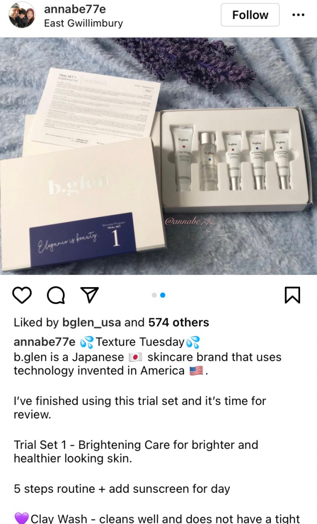 Instagram post by annabe77e showing the b.glen Trial Set 1 Brightening Care
