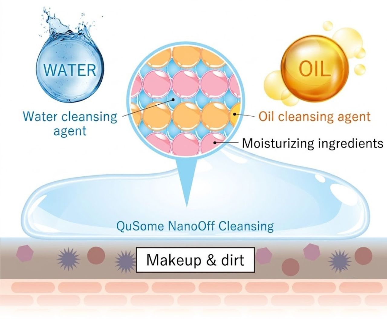 Hybrid water and oil cleansing diagram showing the bicontinuous structure